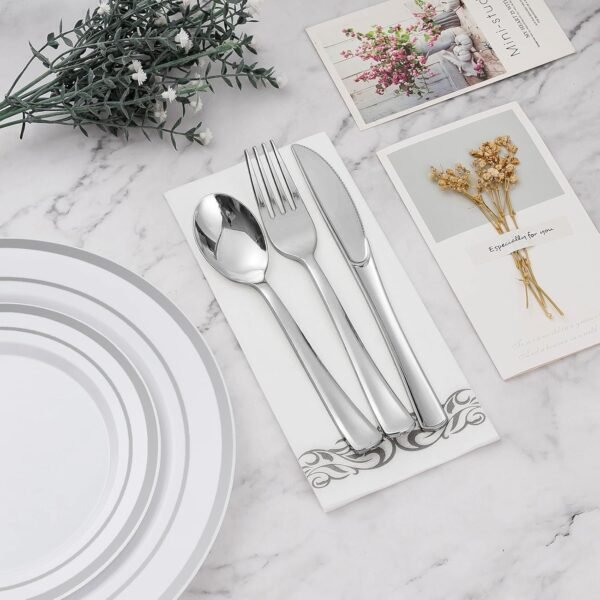 175 PCS Silver Dinnerware Set for 100 Guests, Plastic Dinnerware Set for Party, Include: 25 Silver Dinner Plates，25 Dessert Plates, 25 Silver Plastic Silverware Set, 25 Cups, 25 Paper Napkins - Image 7
