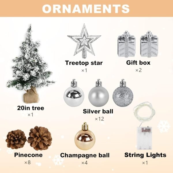 24 Inch 2FT Snowy Mini Christmas Tree, Small Tabletop Flocked Tree with LED Lights, Pine Cones, Balls, Star Tree Topper, Mini Gift Box and Cloth Bag Base, Xmas Decorations (Mini Christmas Tree) - Image 6