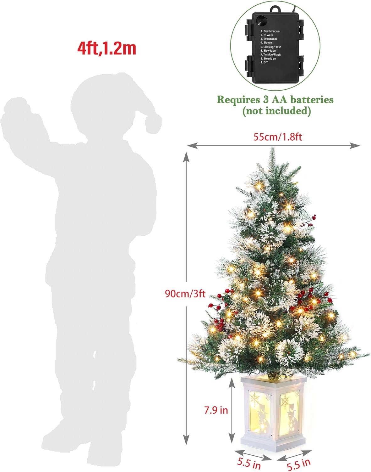 3FT Prelit Premium Snowman Artificial Snow Flocked Christmas Tree with Warm White LED,Prelit Pine Mini Tree for Christmas Decoration,Yard,Home,Office,Outdoor,Indoor,8 Mode Snowman White Base- 2PCS - Image 7