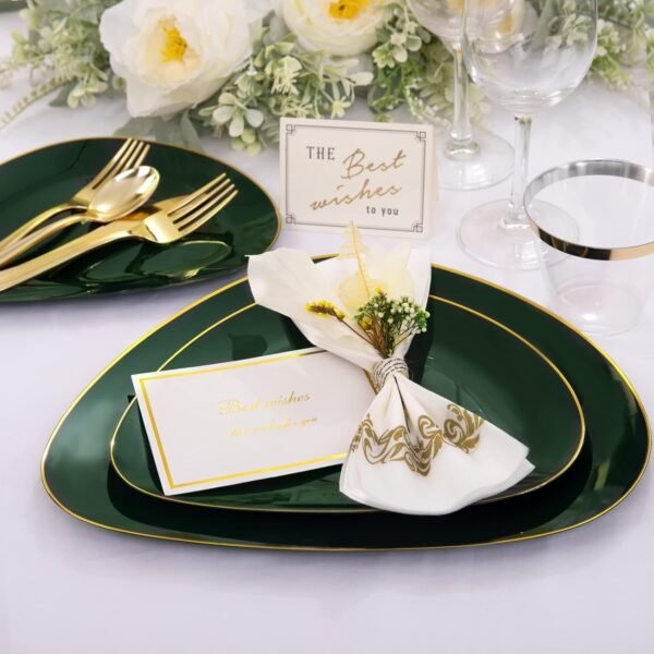 DaYammi 180Pcs Christmas Green Plastic Plates, Green Gold Disposable Plates with Gold Tableware Gold Dinnerware Set Include: 30 Dinner Plates 30 Dessert Plates 90 Gold Cutlery 30 Cups for Party - Image 3