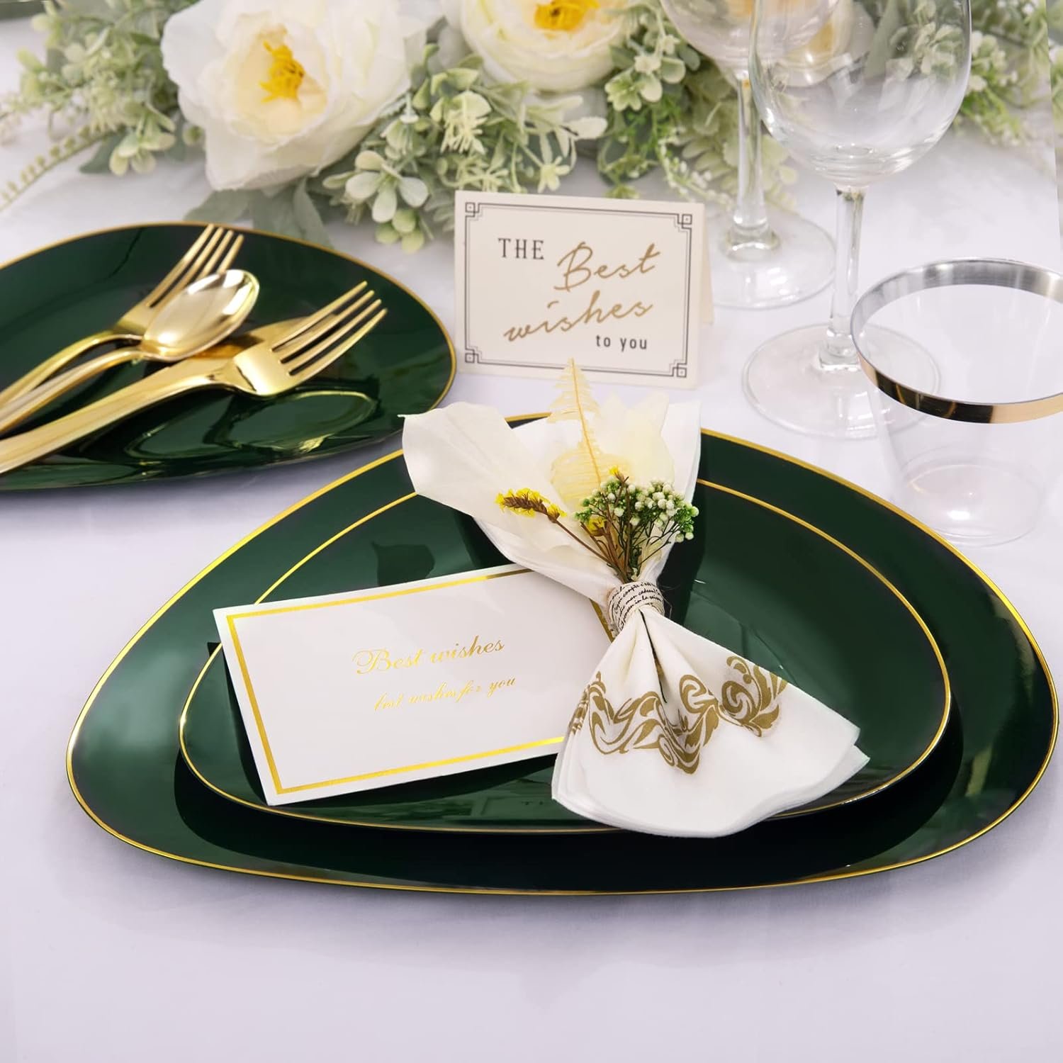 DaYammi 180Pcs Christmas Green Plastic Plates, Green Gold Disposable Plates with Gold Tableware Gold Dinnerware Set Include: 30 Dinner Plates 30 Dessert Plates 90 Gold Cutlery 30 Cups for Party - Image 3