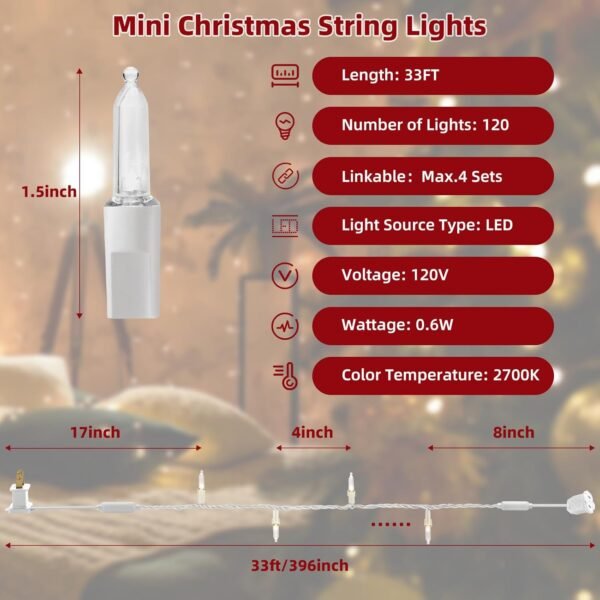 Christmas Lights, 33FT 120 LED Clear Christmas Tree Lights with White Wire, UL Certified Mini String Lights, Waterproof Xmas Fairy Lights Connectable for Indoor Outdoor Patio Party Decor, Warm White - Image 5