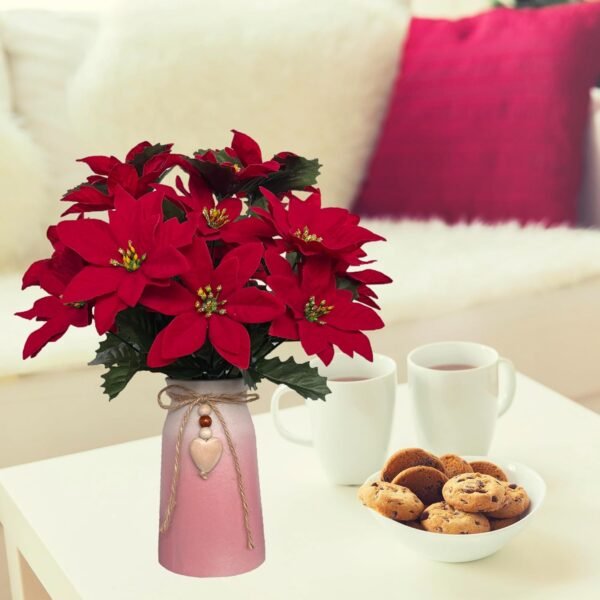 Artificial Poinsettia Christmas Flower Arrangement in Pink Vase, Festive Red Faux Flowers with Heart Charm for Home, Office & Holiday Décor - Image 7
