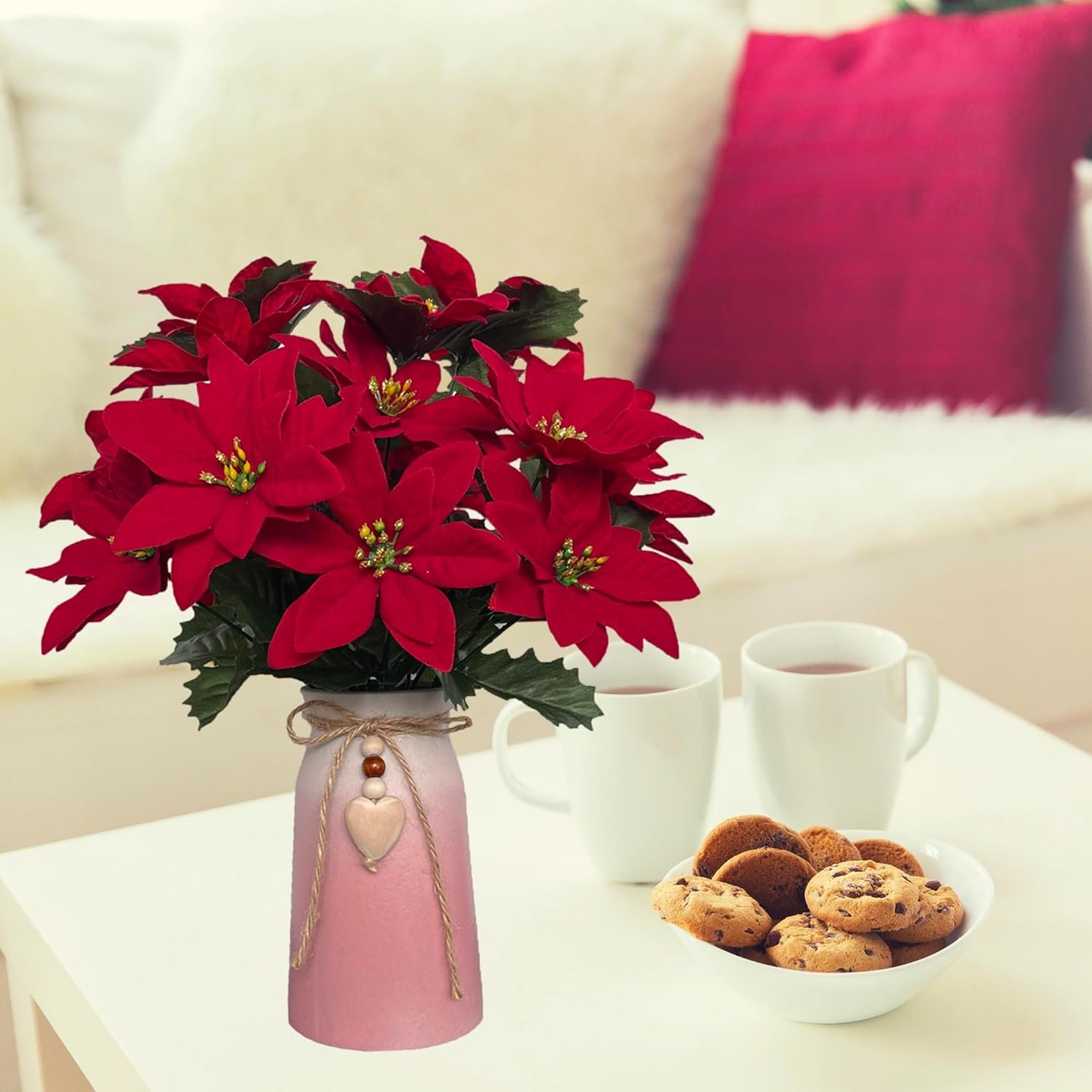 Artificial Poinsettia Christmas Flower Arrangement in Pink Vase, Festive Red Faux Flowers with Heart Charm for Home, Office & Holiday Décor - Image 7
