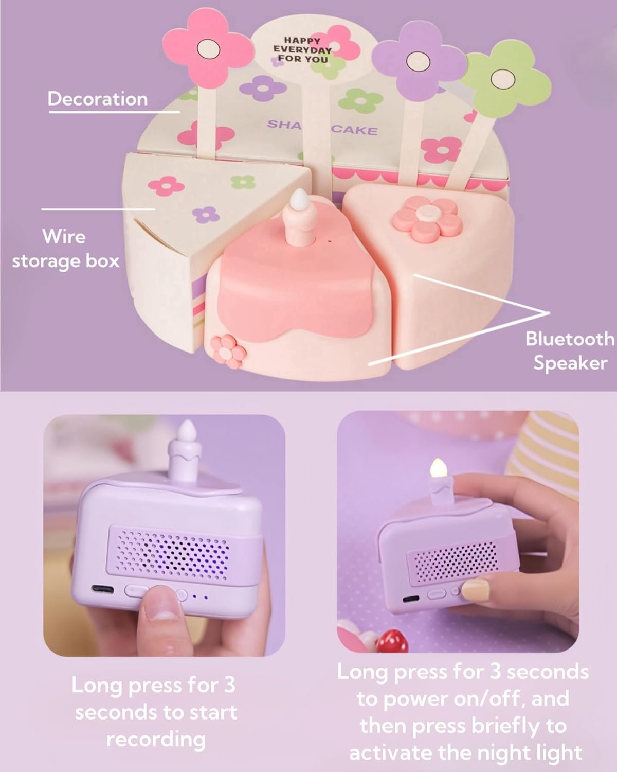 Cute Bluetooth Speaker,Portable Wireless Speaker with Loud Stereo Sound,Blow-Out Candle Lights,60s Recording Function,6H Play Supports TWS Pairing for Birthday Gifts,Room Decor(2Pcs/Pink) - Image 7