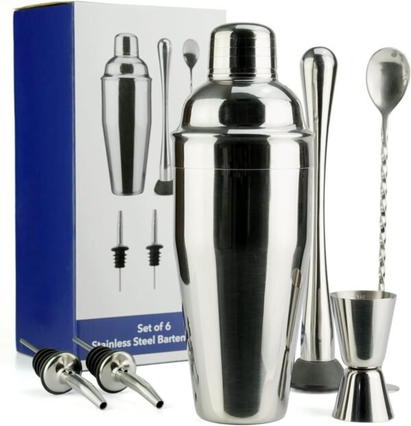 Arora Barware Set - 6pc - Stainless Steel - Professional Bar Tools for Drink Mixing, Home, Bar, Party, Silver, 24oz (851111) - Image 2