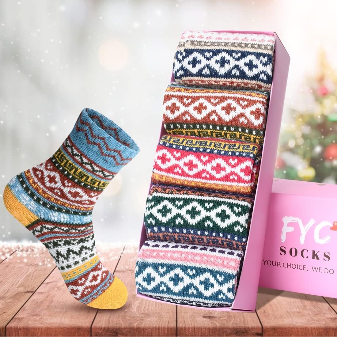 FYC Winter Womens Socks Wool Warm Thick Knit Cozy Crew Casual Vintage Soft Socks for Women Christmas Gifts Socks 5 Pairs - Image 7