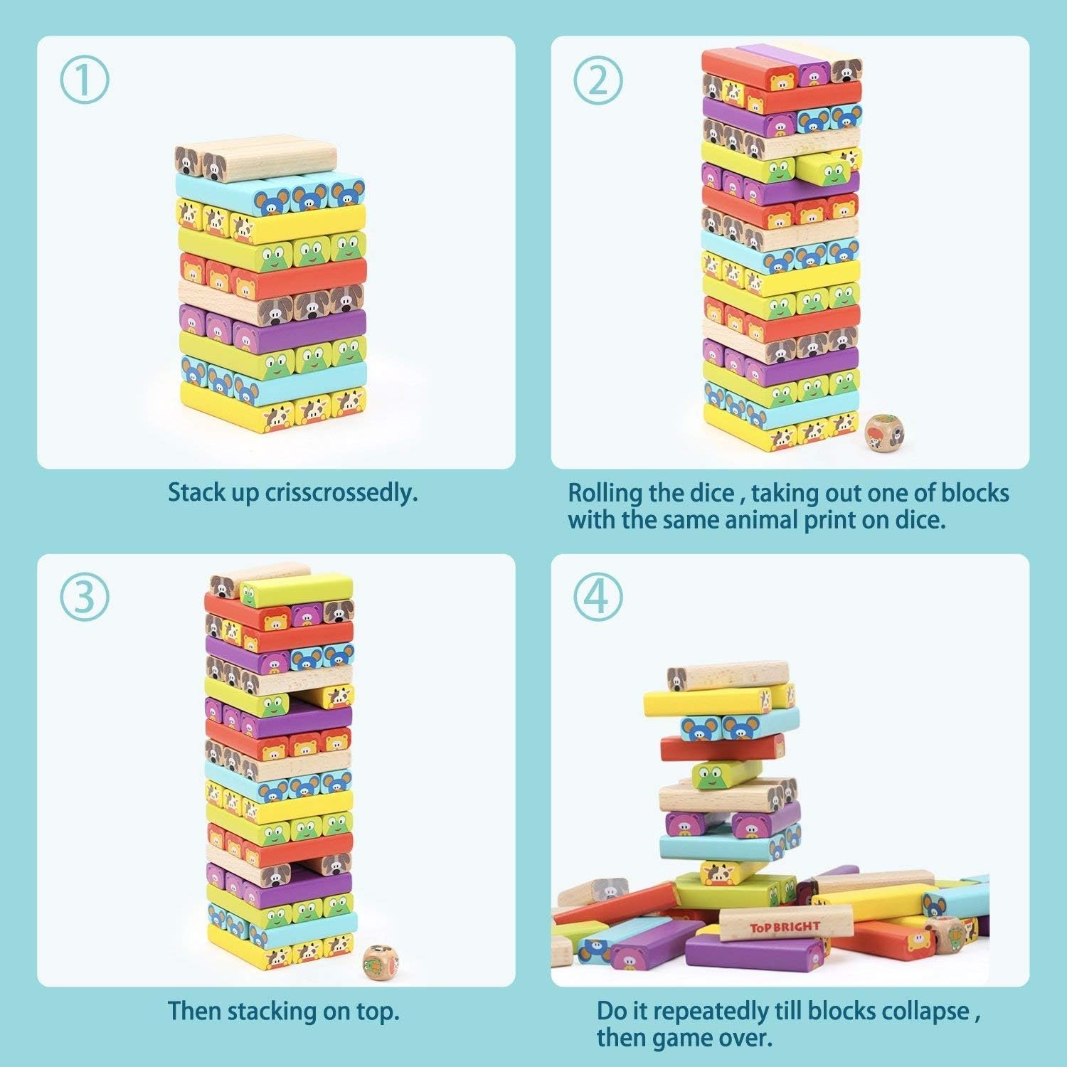 TOP BRIGHT Colored Wooden Blocks Stacking Board Games for Kids Ages 4-8 with 51 Pieces - Image 5