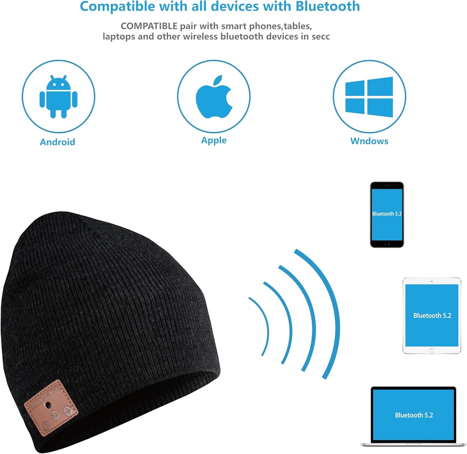 Bluetooth Beanie, Bluetooth V5.2 Wireless Knitted Winter hat, 24 Hour Play time - Image 5