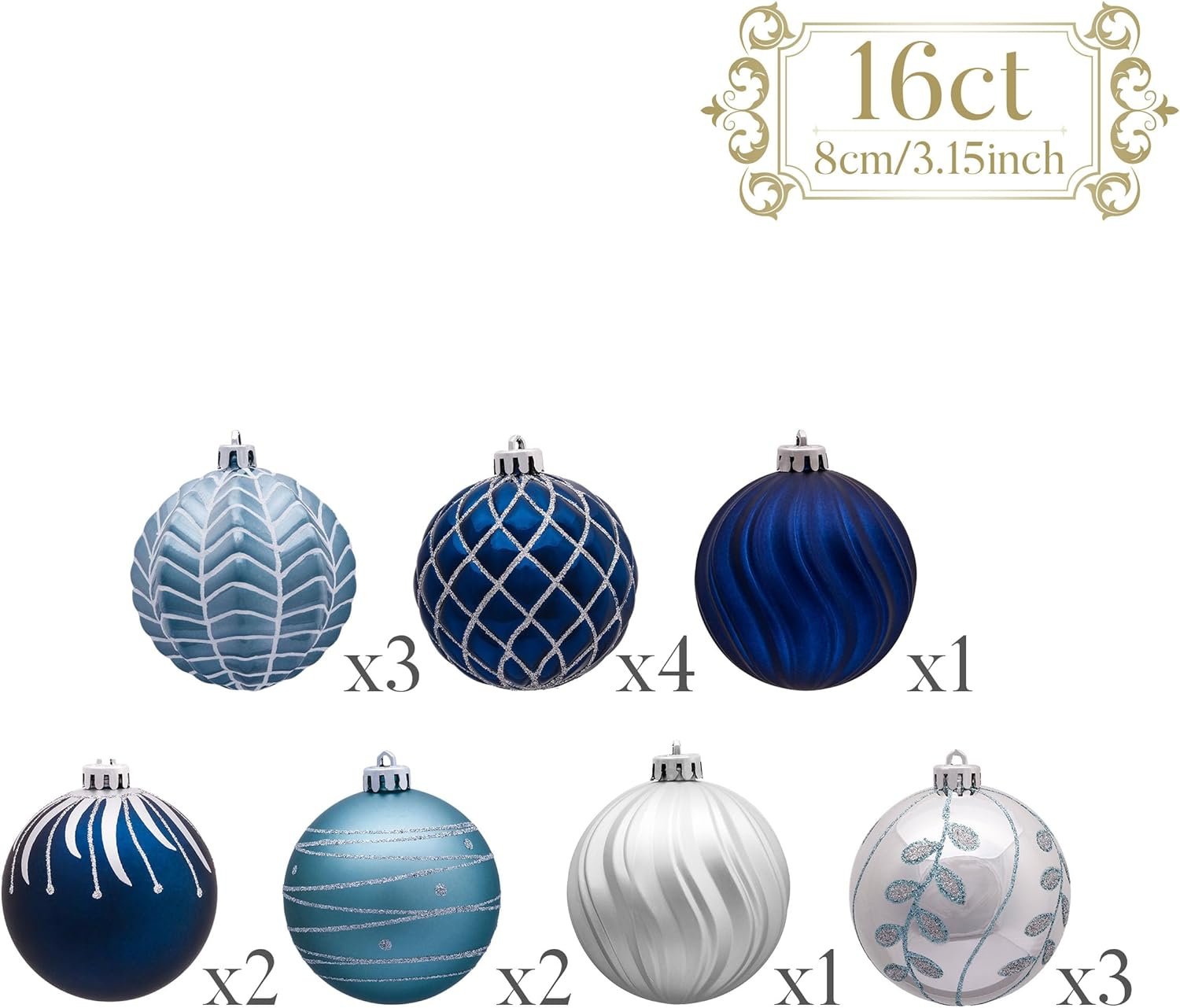 Valery Madelyn Christmas Ornaments Set, 16ct Navy Blue and Silver Shatterproof Fall Christmas Tree Decorations Ball Ornaments Bulk, 3.15 Inches Elegant Hanging Ornaments for Xmas Trees Decor - Image 4