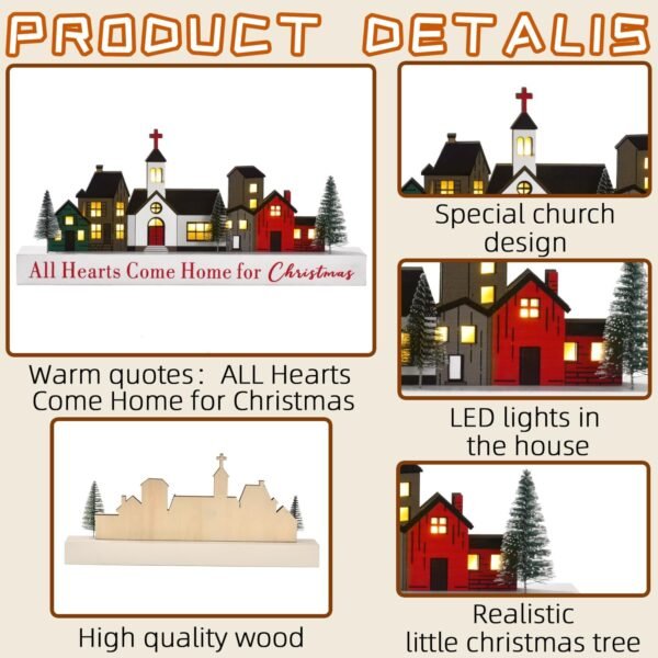 Christmas Decorations Sign, LED Lighted Christmas Village Decor, Rustic Wooden Merry Christmas Sign, Farmhouse Xmas Party Holiday Décor Centerpiece for Tiered Tray Mantel Home (6 buildings) - Image 8