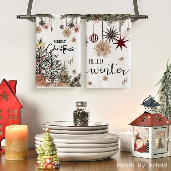 Artoid Mode Xmas Tree Merry Christmas Kitchen Towels Dish Towels, 18x26 Inch Holiday Ornament Ball Hello Winter Decoration Hand Towels Set of 2 - Image 3