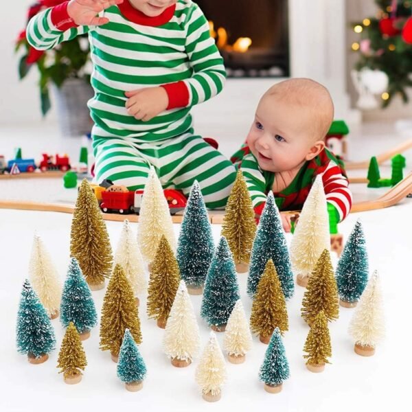 AerWo 24Pcs Mini Christmas Trees Bottle Brush Trees with Wood Base, Christmas Village Trees for Tabletop Christmas Decor Holiday Winter Decorations - Image 9