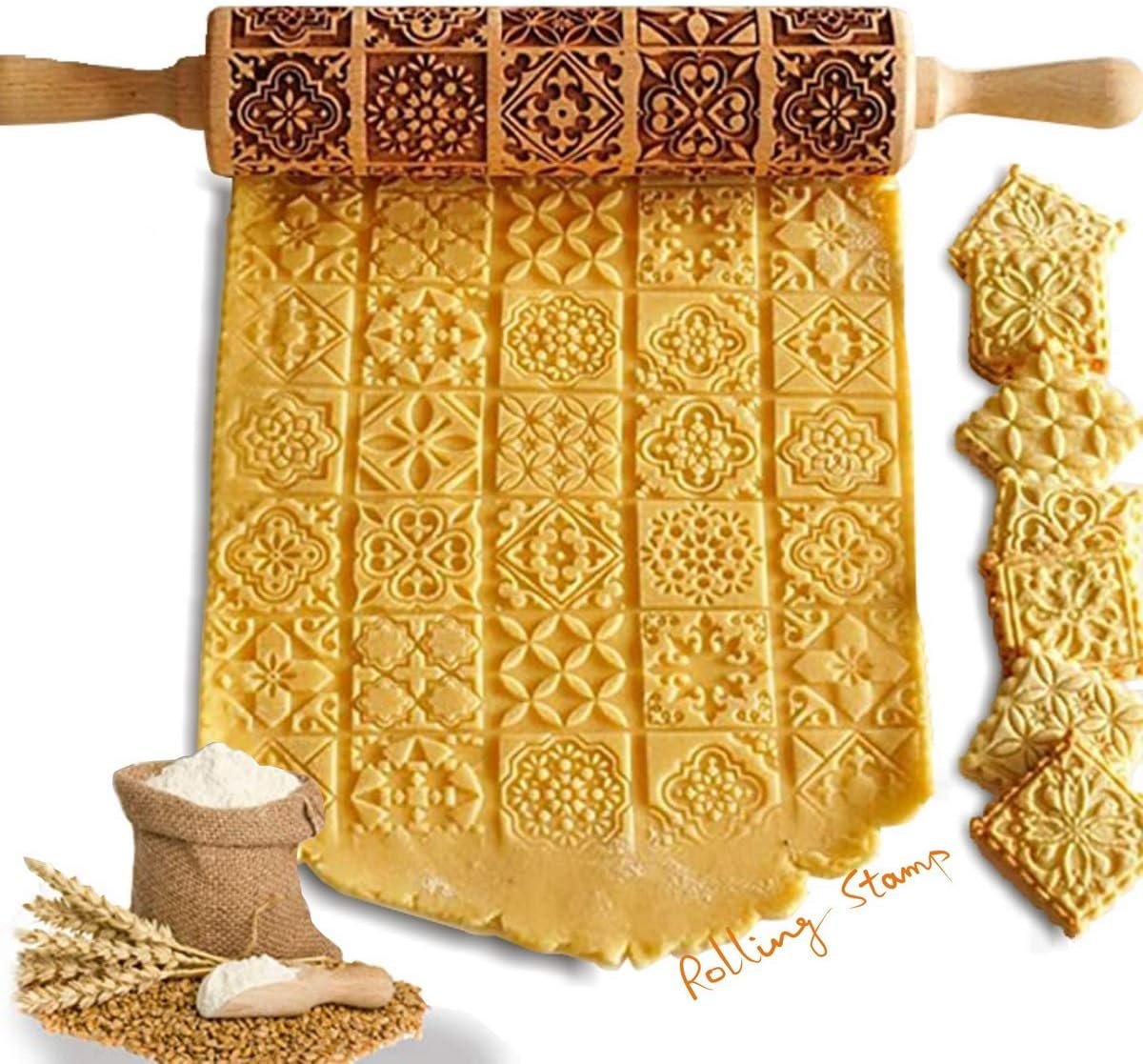 Cookie Stamp Roller Press Biscuit Maker Wooden with Vintage and Traditional Pattern Kitchen Tools Making Funny Food for Kids(Vintage pattern) - Image 2