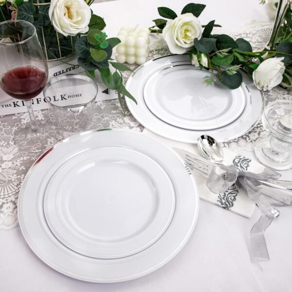 bUCLA 350PCS Silver Plastic Dinnerware Set for 50 Guests - Silver Plastic Plates Disposable for Party Include 50 Dinner Plates,50 Dessert Plates,50 Forks,50 Knives,50 Spoons,50Cups,50 Napkins - Image 5