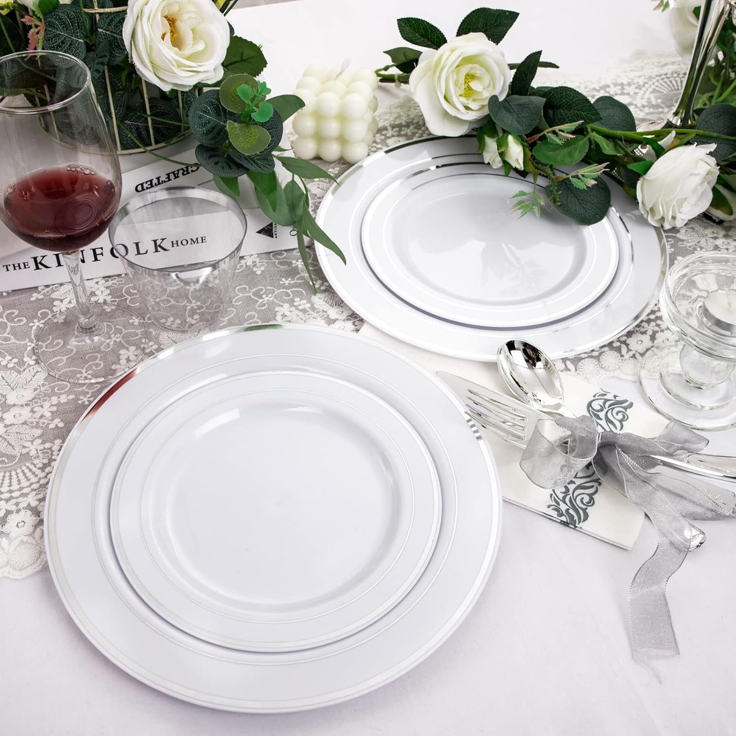 bUCLA 350PCS Silver Plastic Dinnerware Set for 50 Guests - Silver Plastic Plates Disposable for Party Include 50 Dinner Plates,50 Dessert Plates,50 Forks,50 Knives,50 Spoons,50Cups,50 Napkins - Image 5
