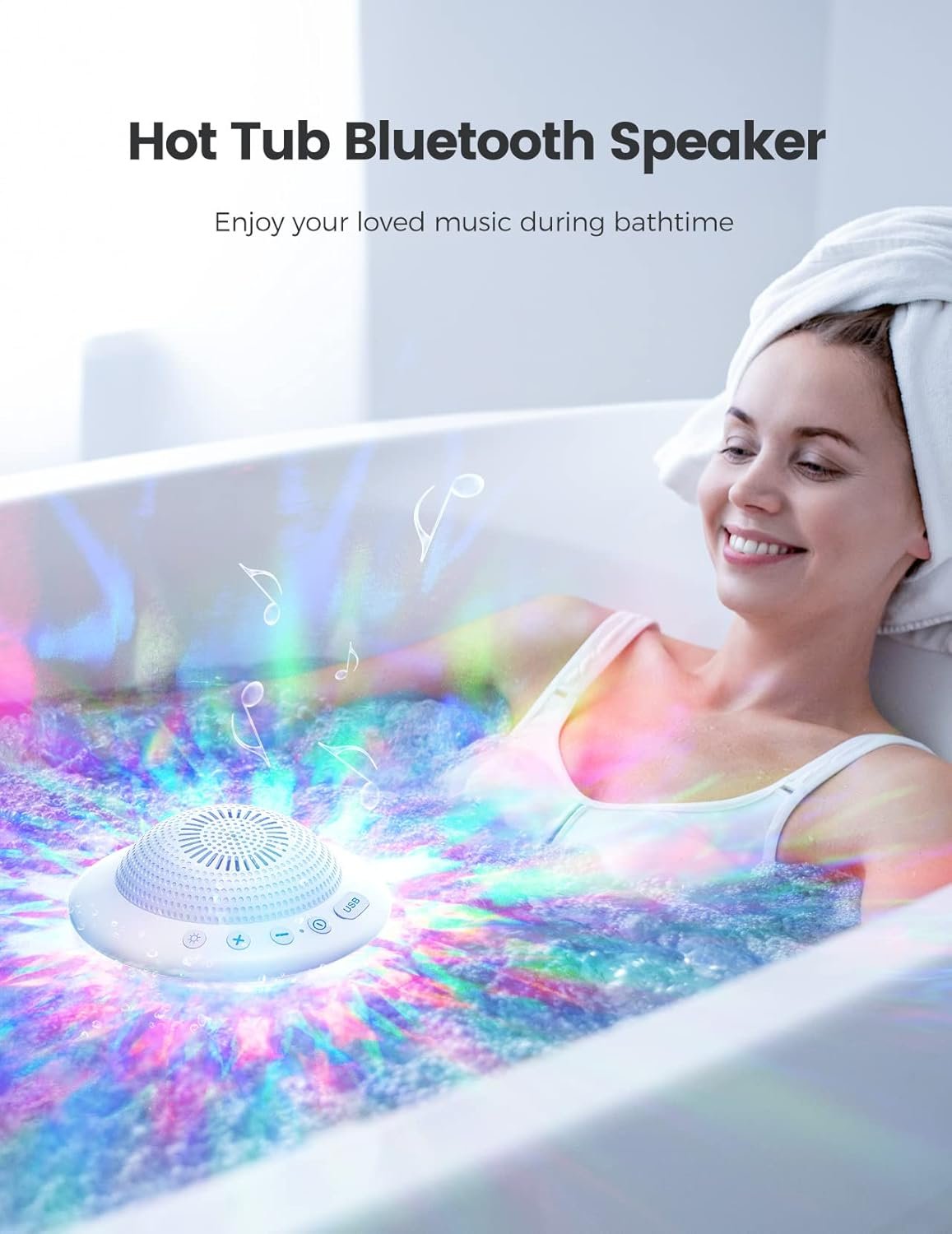 Floating Pool Speakers with Colorful LED Lights, IPX7 Waterproof Hot Tub Bluetooth Speaker, 10W Stereo Loud Sound, Built-in Mic, Portable Wireless Speakers for Shower Bathtub Beach Outdoor Swim-White - Image 7