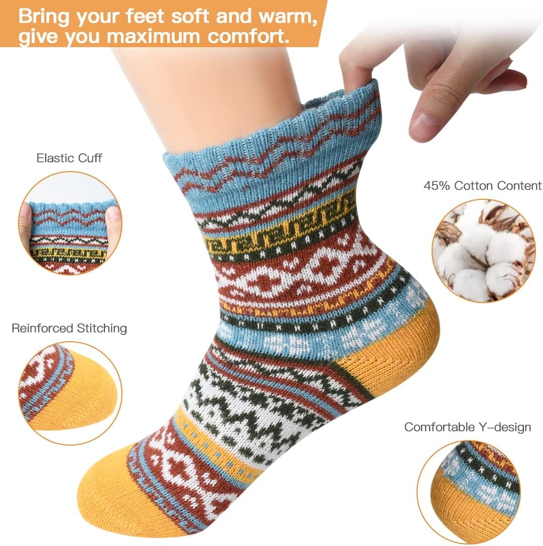 FYC Winter Womens Socks Wool Warm Thick Knit Cozy Crew Casual Vintage Soft Socks for Women Christmas Gifts Socks 5 Pairs - Image 3