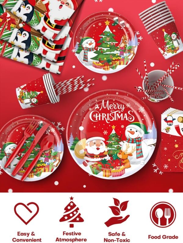196 Pcs Christmas Party Decorations Supplies Christmas Dinnerware Sets for 24 Guests - Party Disposable Tableware Set - Plates, Napkins,Cups,Cutlery,Forks and Tablecloth for Xmas Party Decorations - Image 4