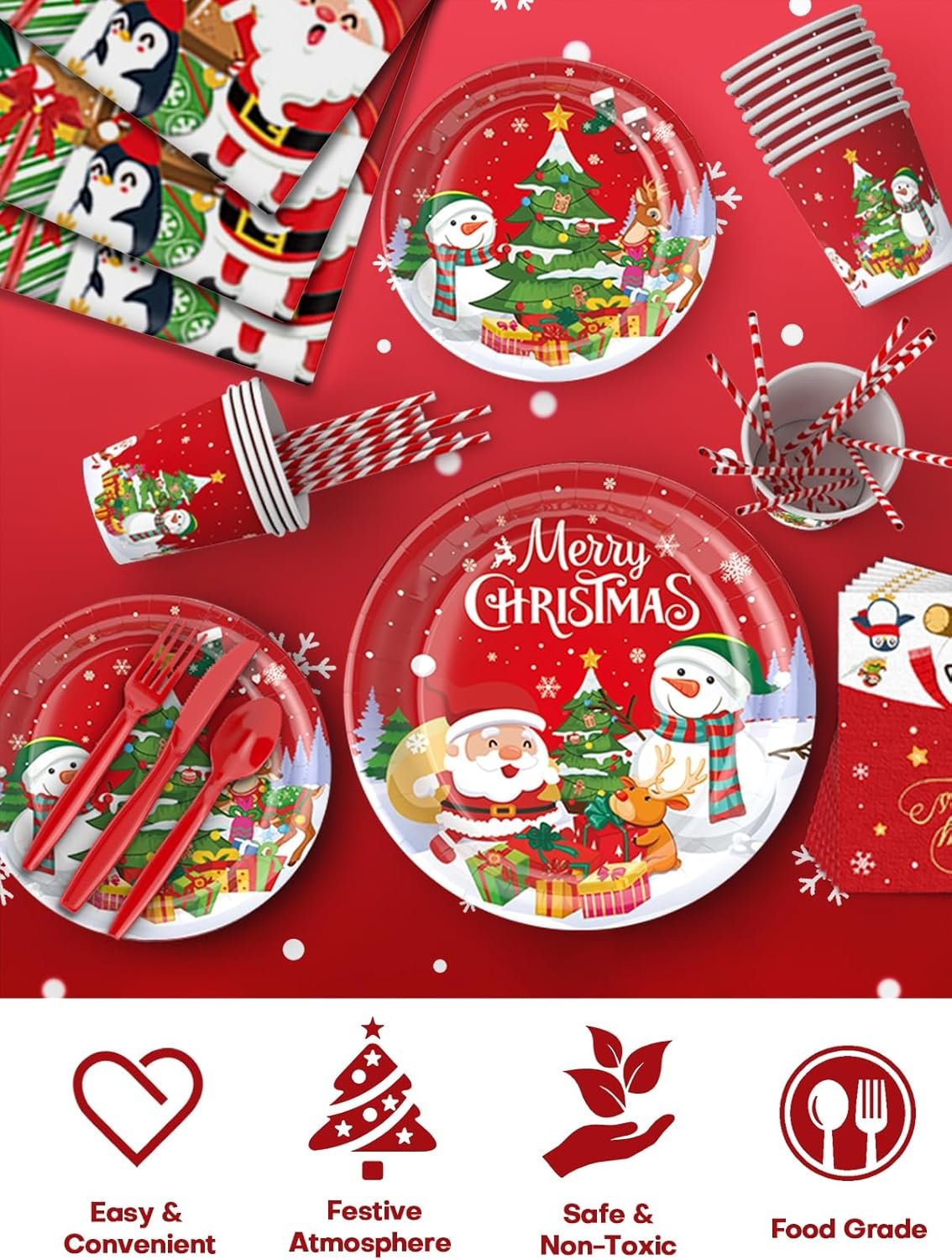 196 Pcs Christmas Party Decorations Supplies Christmas Dinnerware Sets for 24 Guests - Party Disposable Tableware Set - Plates, Napkins,Cups,Cutlery,Forks and Tablecloth for Xmas Party Decorations - Image 4