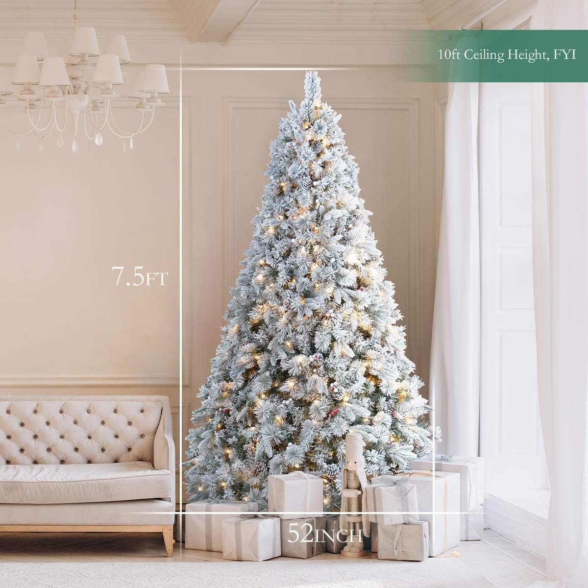 7.5ft Flocked Christmas Tree Prelit, White Christmas Tree with Lights, Pre-Lit 550 Warm Lights with Pine Cones Red Berries Holiday Decor Artificial Trees - Image 4