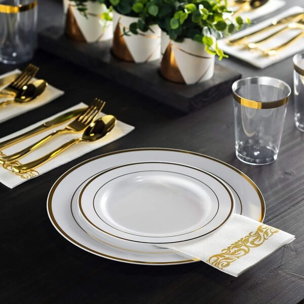 125 Piece Gold Dinnerware Party Set - 50 Gold Rim Plastic Plates, 25 Dinner 25 Dessert Plates, 25 Knives, 25 Forks, 25 Spoons - 25 Guest Disposable Set for Wedding Birthday Parties - Image 5