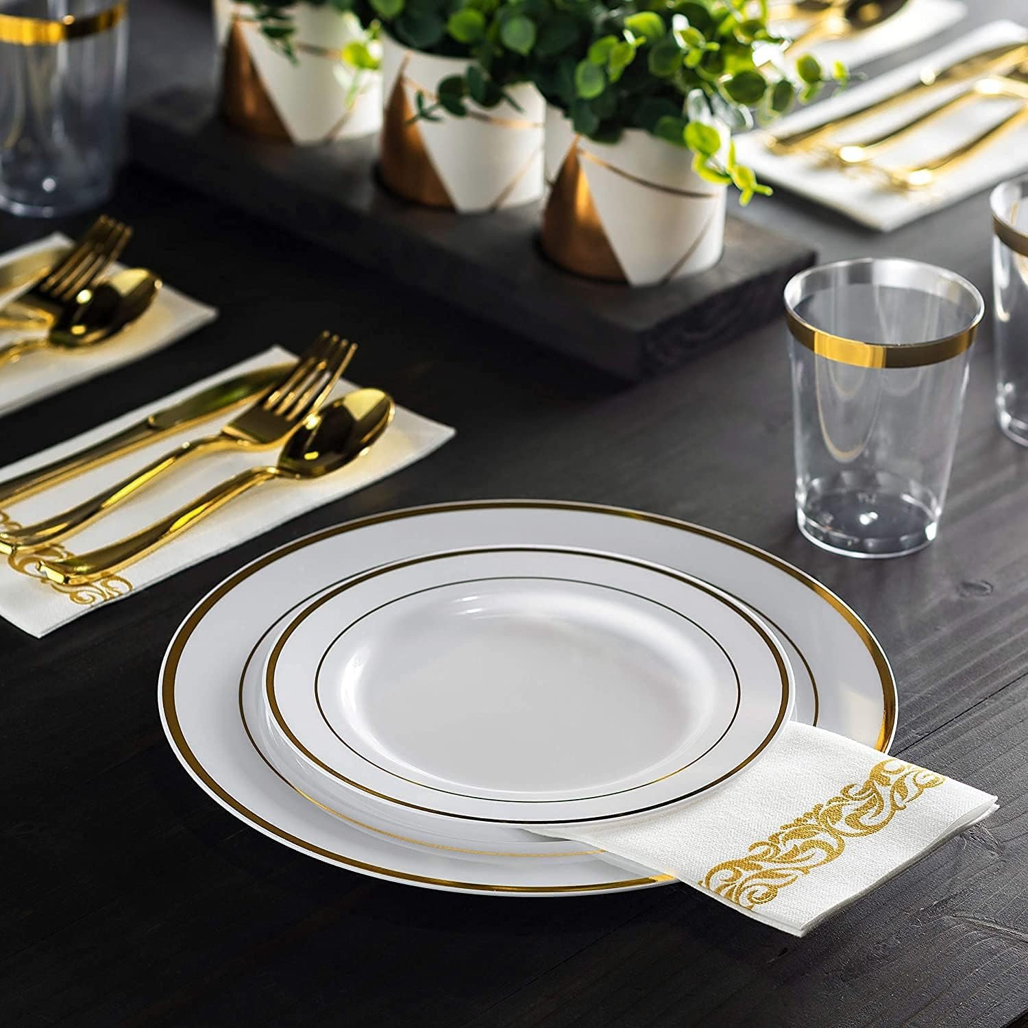125 Piece Gold Dinnerware Party Set - 50 Gold Rim Plastic Plates, 25 Dinner 25 Dessert Plates, 25 Knives, 25 Forks, 25 Spoons - 25 Guest Disposable Set for Wedding Birthday Parties - Image 5