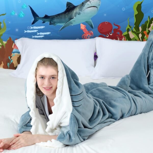 Touchat Shark Blanket for Adult Super Soft Cozy Flannel Throw Wearable Blanket, Cartoon Animals Shark Blanket Hoodie, Sleeping Bag Cosplay Shark Costume Blanket Gifts for Shark Lovers (Blue,M) - Image 3