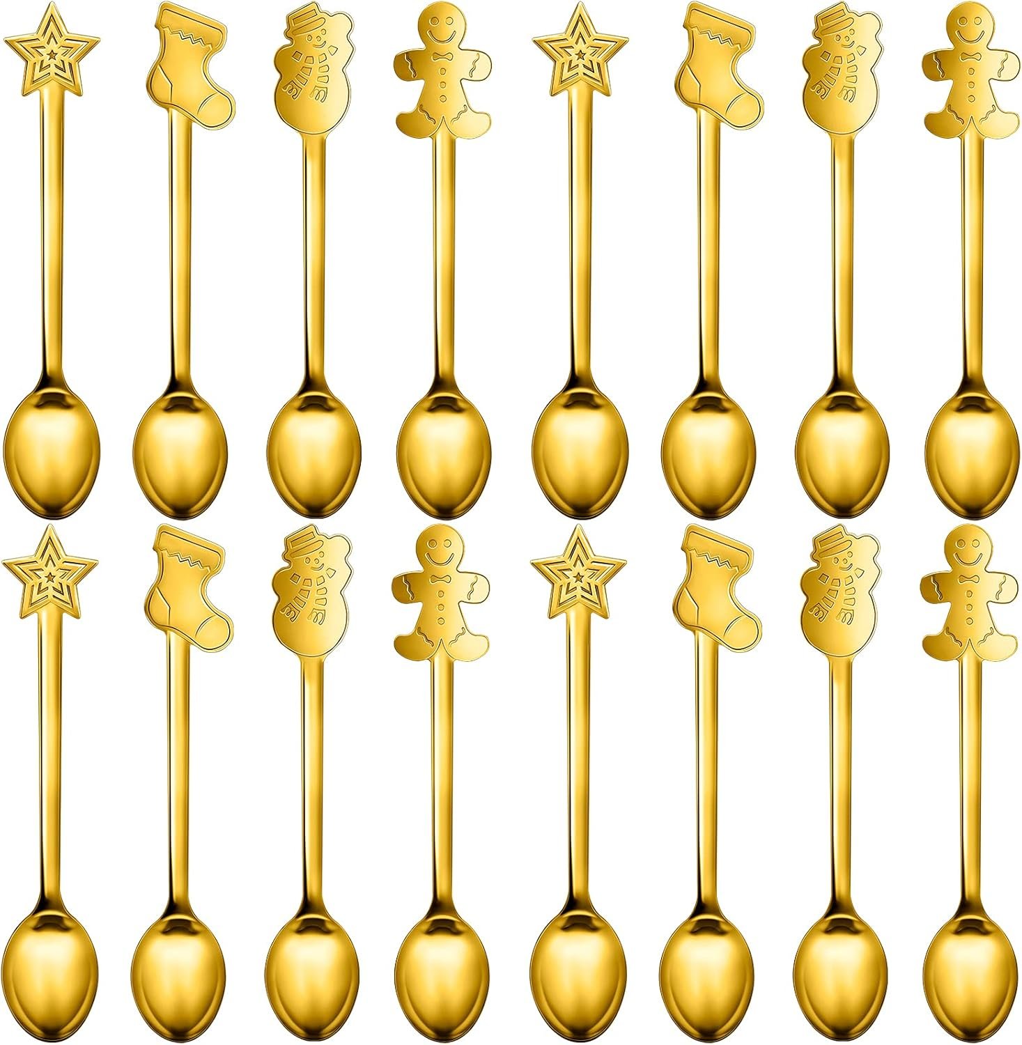 16 Pieces Christmas Spoon Set Christmas Stirring Spoon Creative Stainless Steel Coffee Spoon Tea Spoon Soup Spoon Dessert Spoon for Stirring Drink Mixing Milkshake Jam, 4 Styles (Gold) - Image 2