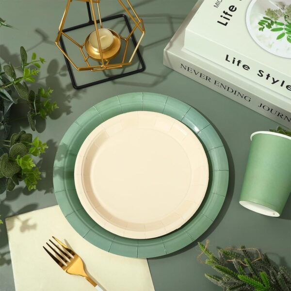 Whaline 100Pcs Ivory Sage Green Tableware Set Wedding Disposable Dinnerware 50Pcs Paper Plates 25Pcs Napkin 25Pcs Cups For Birthday Party Supplies Table Decor - Image 5