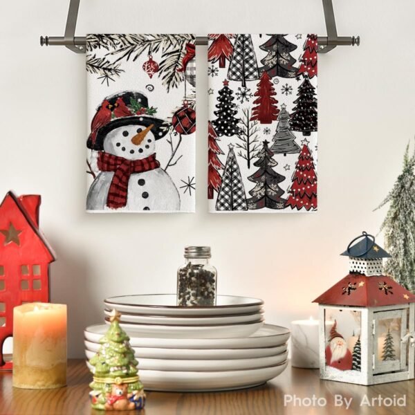Artoid Mode Xmas Tree Snowman Christmas Kitchen Towels Dish Towels, 18x26 Inch Holiday Holly Bird Winter Decoration Hand Towels Set of 2 - Image 3