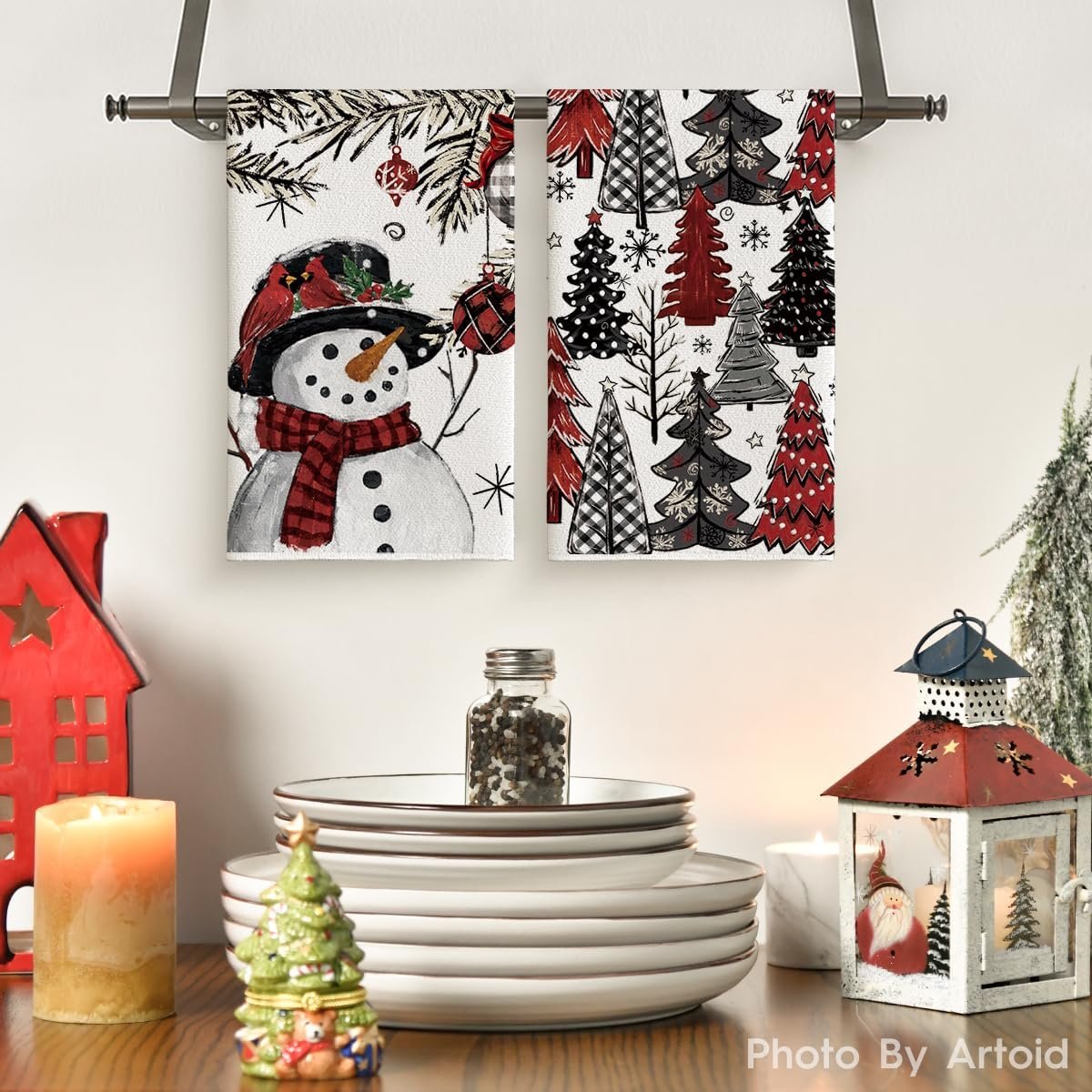Artoid Mode Xmas Tree Snowman Christmas Kitchen Towels Dish Towels, 18x26 Inch Holiday Holly Bird Winter Decoration Hand Towels Set of 2 - Image 3