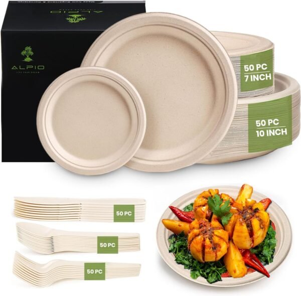 ALPIO 250Pcs Disposable Paper Plates Set, Compostable Dinnerware Set for 50 Guests – Biodegradable Paper Plates, Eco-Friendly Sugarcane Utensils, Includes Paper Plates, Forks, Knives, Spoons - Image 2