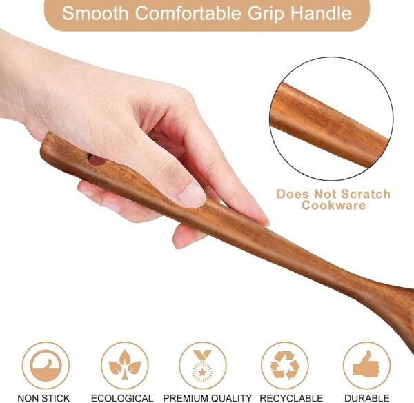 2 Pcs Acacia Wood Spatula Set Non Stick Cooking Utensils Slotted Turner Flat Wooden Kitchen Wok Spatula for Mixing Frying Fish Spatula Egg Flipper Turner Kitchen Utensil Pancake Spatula for Cooking - Image 5