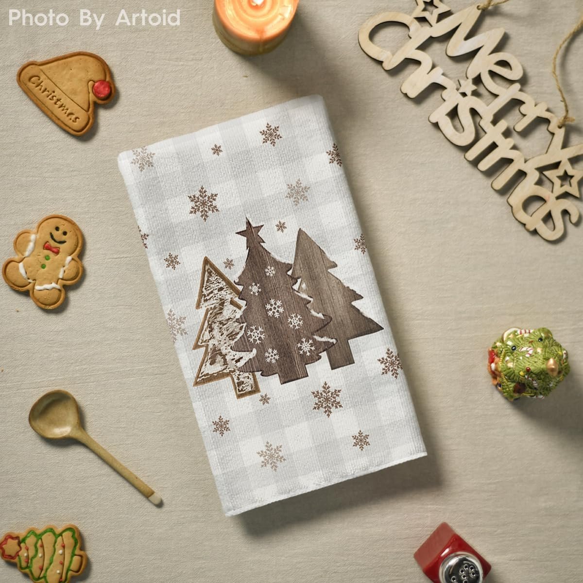 Artoid Mode Wood Xmas Tree Christmas Kitchen Towels Dish Towels, 18x26 Inch Holiday Merry and Bright Winter Decoration Hand Towels Set of 2 - Image 5