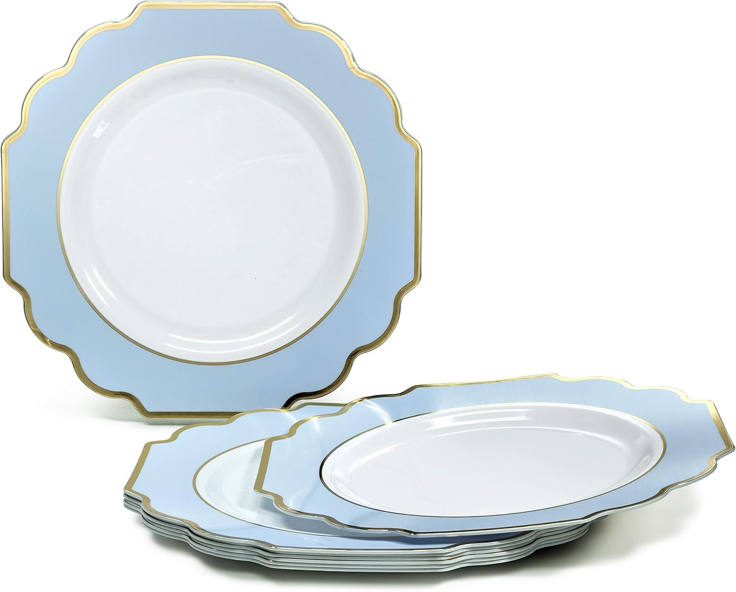 " OCCASIONS " 50 Plates Pack (25 Guests)-Heavyweight Wedding Party Disposable Plastic Plate Set -(25x10.5'' Dinner + 25x8'' Salad/dessert (Imperial in White/Blue & Gold) - Image 6