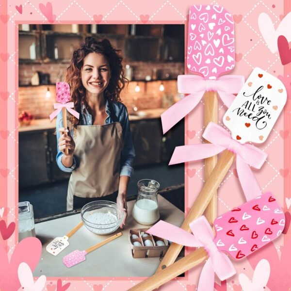 3 Pcs Valentine's Day Silicone Spatulas with Wooden Handles Valentine Pattern Heat Resistant Baking Spatulas Silicone Spatulas with Pink Satin Ribbon Bows for Baking, Cooking and Sauteing - Image 7