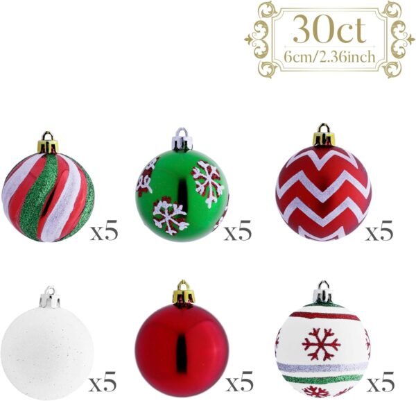 Valery Madelyn Christmas Ornaments Tree Decorations, 30ct Red Green White Shatterproof Christmas Ball Ornaments Set, 2.36 Inch Decorative Hanging Ornament Bulk for Xmas Holiday Party Decor - Image 4