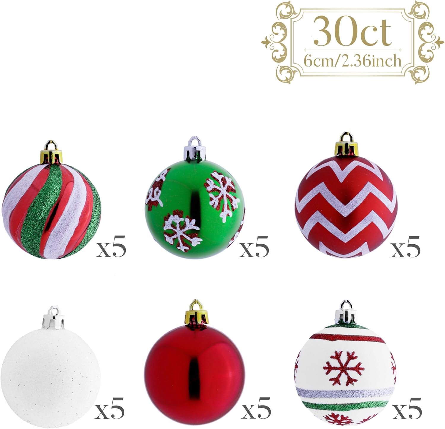 Valery Madelyn Christmas Ornaments Tree Decorations, 30ct Red Green White Shatterproof Christmas Ball Ornaments Set, 2.36 Inch Decorative Hanging Ornament Bulk for Xmas Holiday Party Decor - Image 4