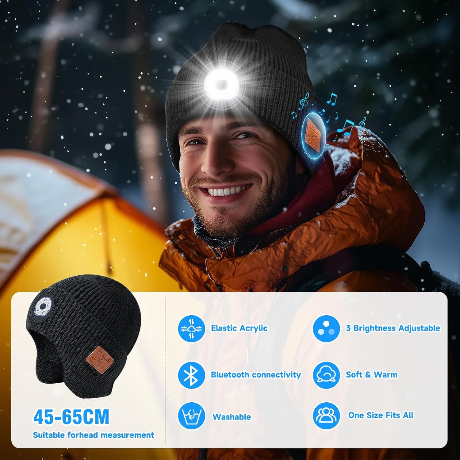 Bluetooth Beanie with Light,Unisex USB Rechargeable LED Headlamp Hat,Built-in Wireless Headphones & Stereo Speakers,Gifts for Men Women - Image 4