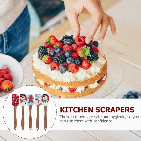 DOITOOL Christmas Silicone Spatula, 5 Pieces Kitchen Silicone Spatula Set, Christmas Cake Decorating Spatula Butter Scraper with Wooden Handle for Christmas Decorating, Baking and Cooking - Image 9