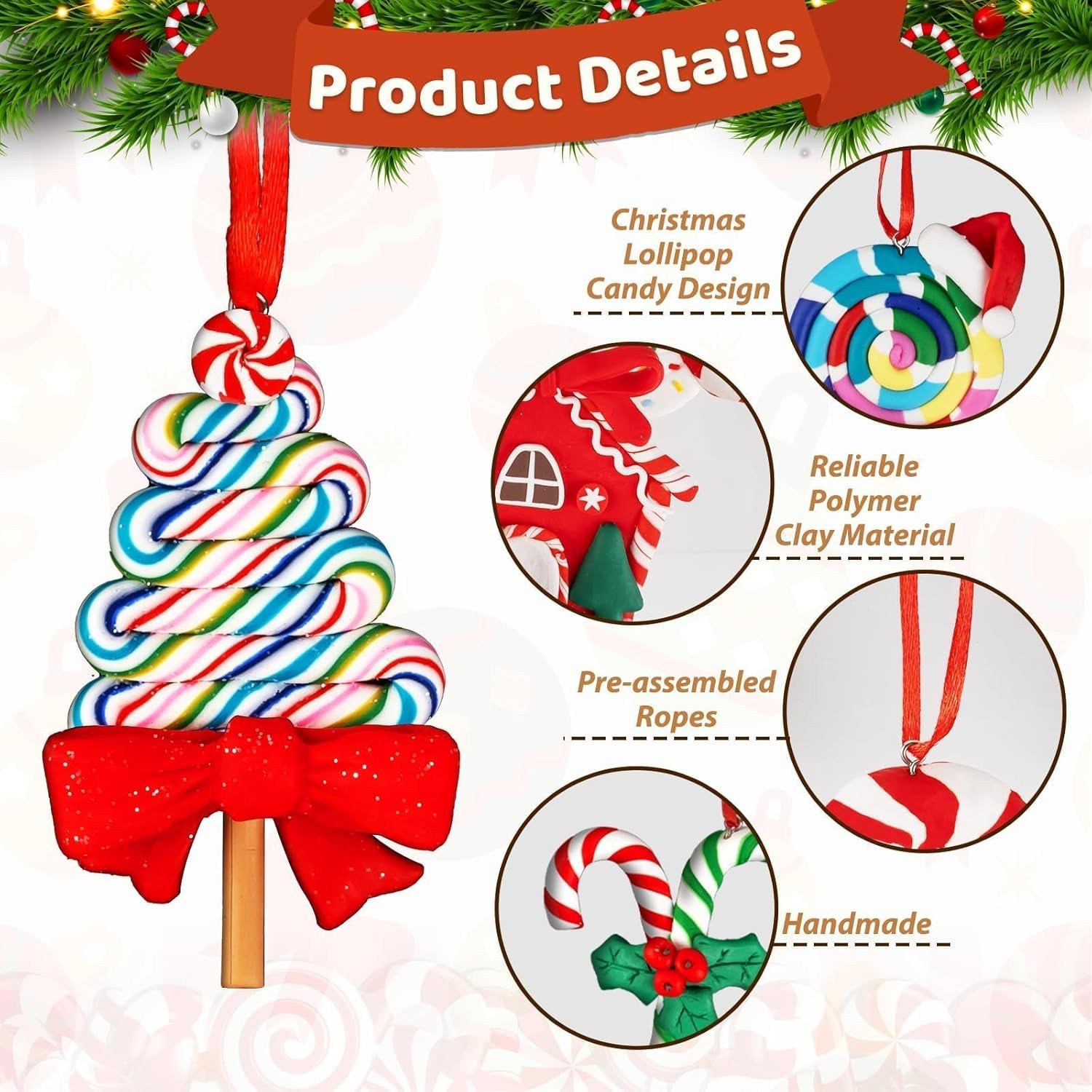 10pcs Candy Christmas Ornaments for Tree Decorations Peppermint Candy Cane Lollipop Ornaments Polymer Clay Christmas Ornaments for Christmas Party Home Decor - Image 4