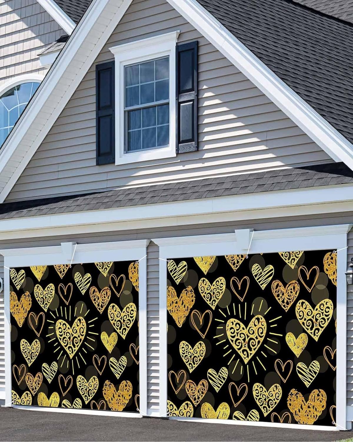 Yellow Love Heart Valentine's Day Garage Door Cover Decorations 7x16 Ft, Classic Black Decorative Garage Door Banner, Large Outdoor Garage Hanging Backdrop Mural for Party/Holiday - Image 4