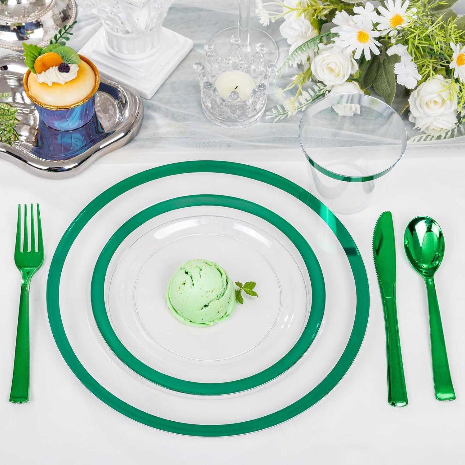 I00000 350 Pcs Green Plastic Plates-Christmas Dinnerware Set for Party,Include 50 Dinner Plates 10.25’’,50 Dessert Plates 7.5’’,50 Plastic Cups 9 OZ,50 Per Rolled Napkins with Cutlery for Xmas Dinner - Image 10