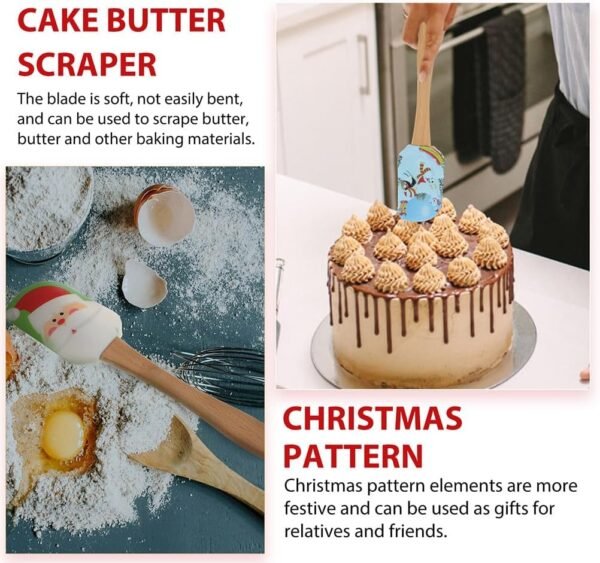 DOITOOL Christmas Silicone Spatula, 5 Pieces Kitchen Silicone Spatula Set, Christmas Cake Decorating Spatula Butter Scraper with Wooden Handle for Christmas Decorating, Baking and Cooking - Image 5