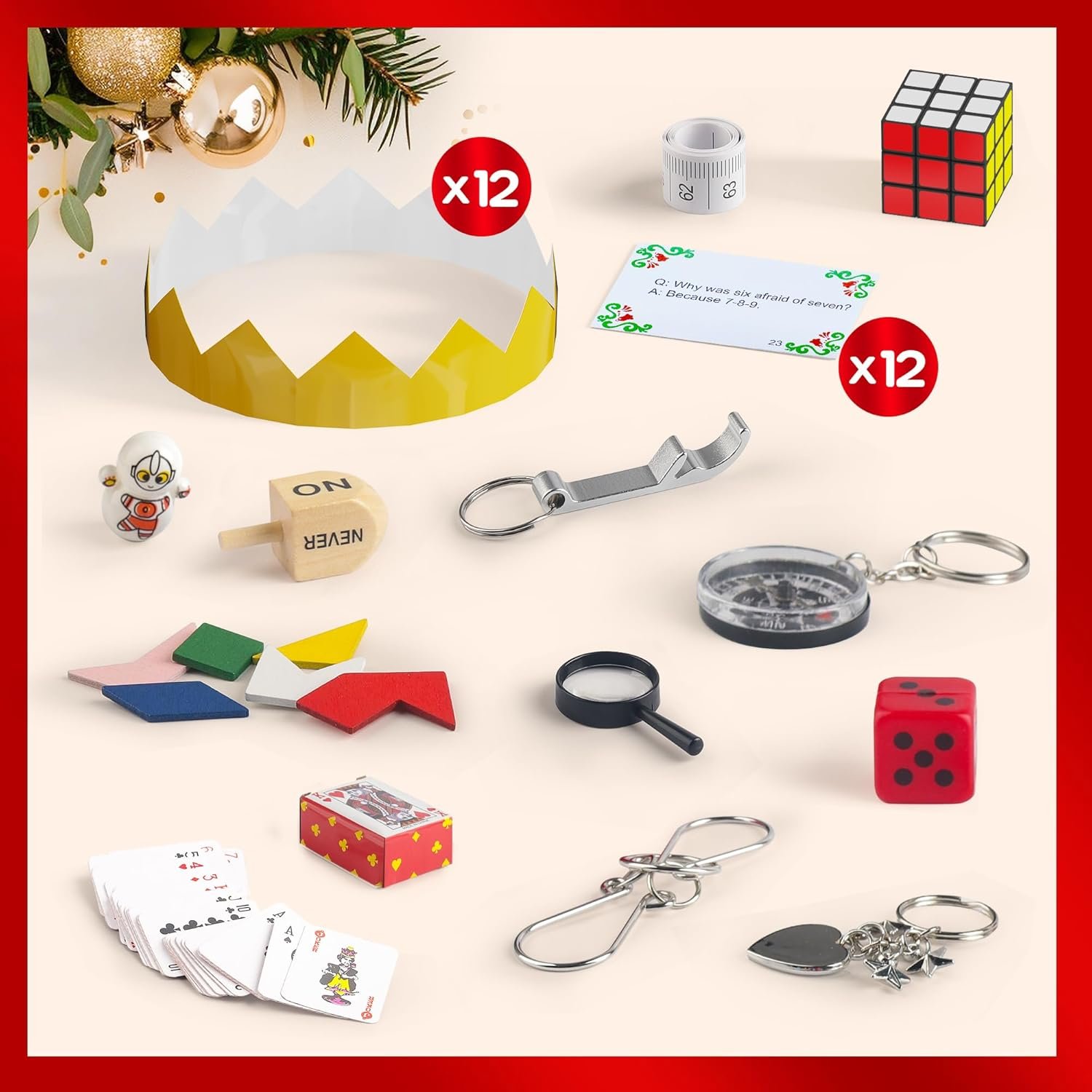 D-FantiX 12 Pack Christmas Party Favors with Red & White Snowflake Design, No-Snap Party Table Favors with Party Hats Joke Little Gifts, Xmas Holiday Dinner Traditions Supplies, Gift for Kids Adult - Image 4