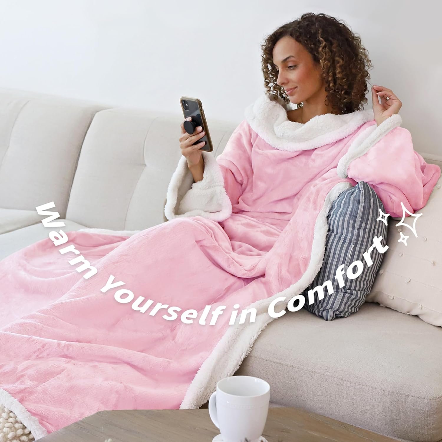 Catalonia Sherpa Wearable Blanket with Sleeves Arms,Super Soft Warm Comfy Large Fleece Plush Sleeved TV Throws Wrap Robe Blanket for Adult Women and Men Pink - Image 5