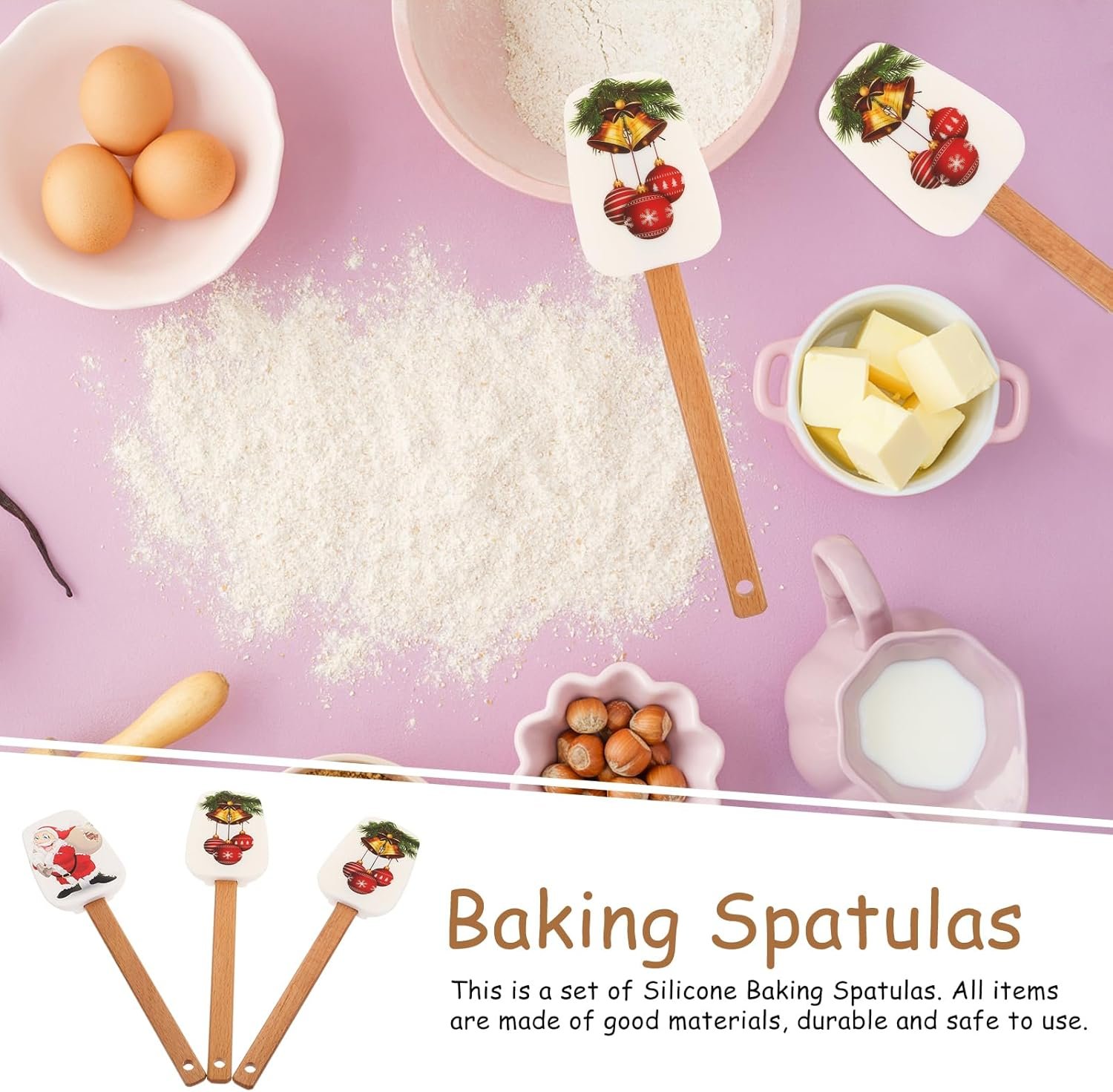 Christmas Spatulas for Baking, 3 Pieces Christmas Spatula Set Kitchen Christmas Silicone Spatula Set with Wooden Handle for Baking Cooking and Christmas Supplies - Image 5