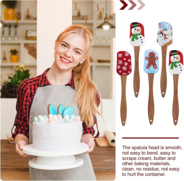 DOITOOL Christmas Silicone Spatula, 5 Pieces Kitchen Silicone Spatula Set, Christmas Cake Decorating Spatula Butter Scraper with Wooden Handle for Christmas Decorating, Baking and Cooking - Image 6