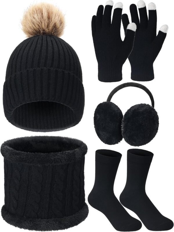 5 Pcs Women Winter Warm Hat and Gloves Scarf Set Knitted Beanie Ski Outing Pompom Hat Winter Ear Warmer Ski Earmuffs Stocking - Image 2